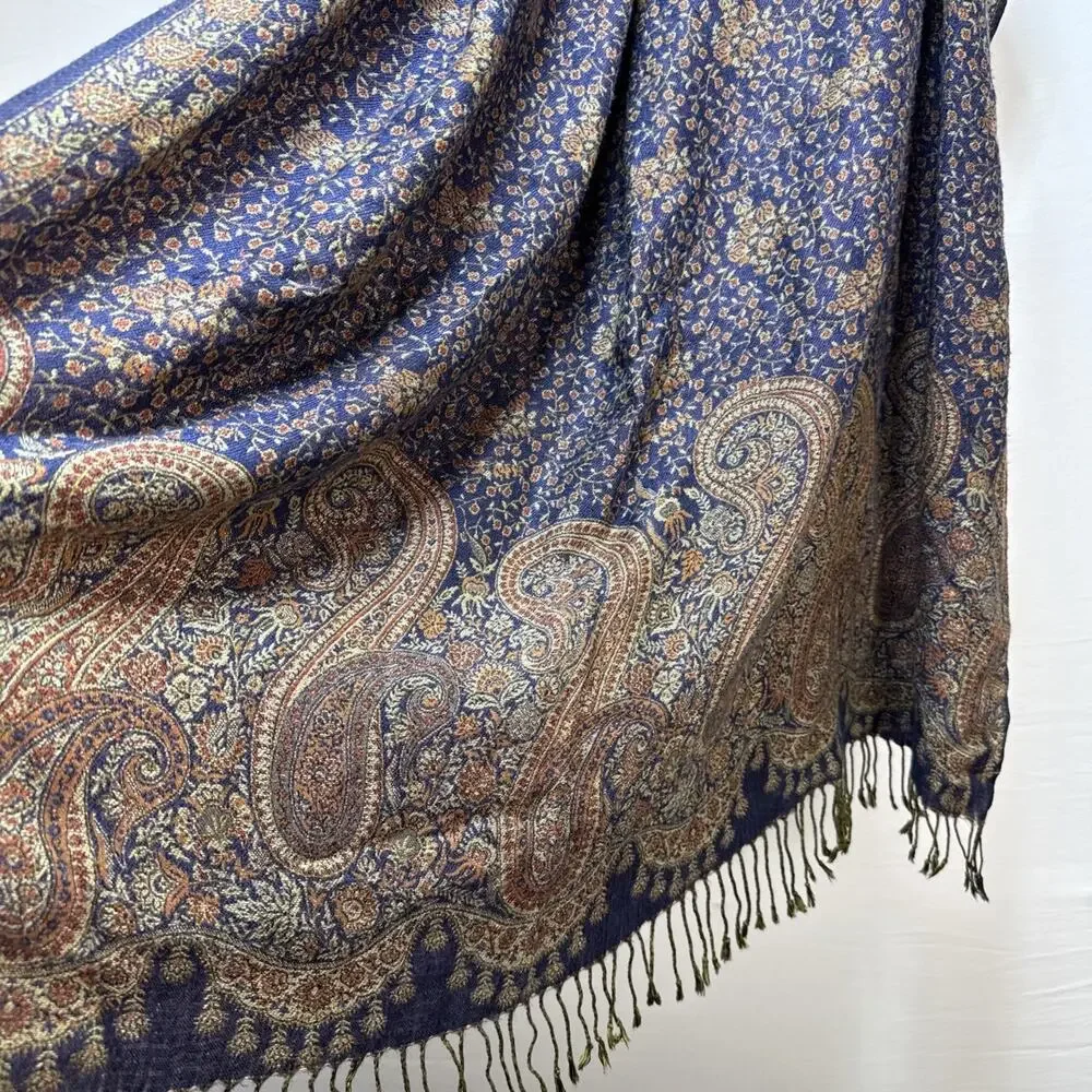Kashmiri Jamawar Shawl Wrap Scarf Blue Gold Paisley Cashmere Wool Pashmina Stole